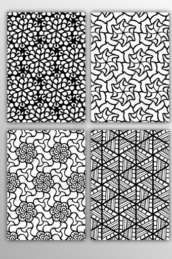 国外黑白灰扁平四方连续花朵底纹抽象背景图片