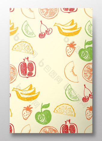 黄色手绘卡通扁平水果香蕉苹果石榴背景素材图片