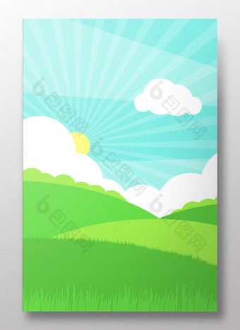 扁平卡通蓝天白云草地太阳背景素材图片