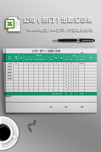 公司（部门）出勤汇总表（自动统计）图片