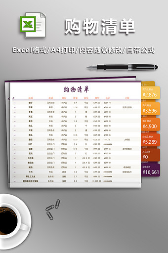 购物清单一览表Excel模板图片