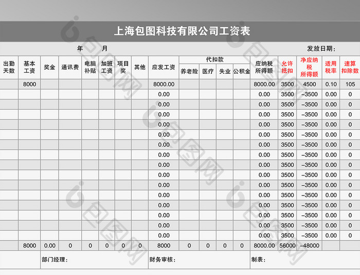 标准工资表模板Excel表模板下载_1920x1080像