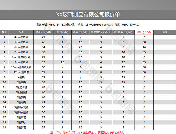 玻璃制品公司报价单