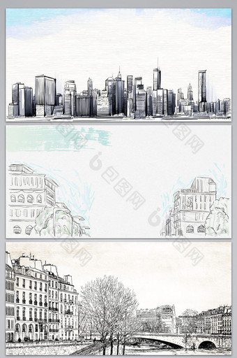 矢量手绘素描线描城市建筑背景图片