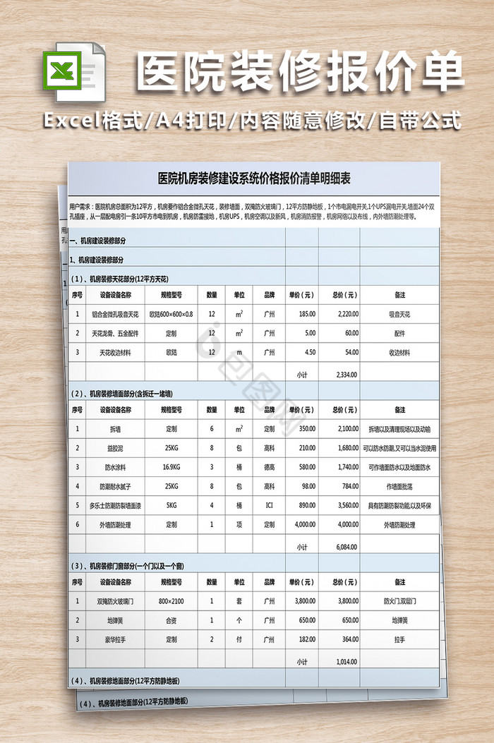 医院装修价格报价单二联