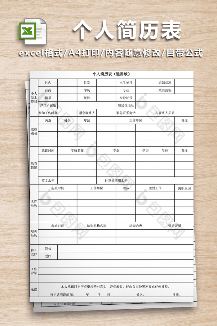 个人简历表(通用版)excel