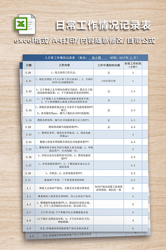 个人日常工作情况记录表excel模板