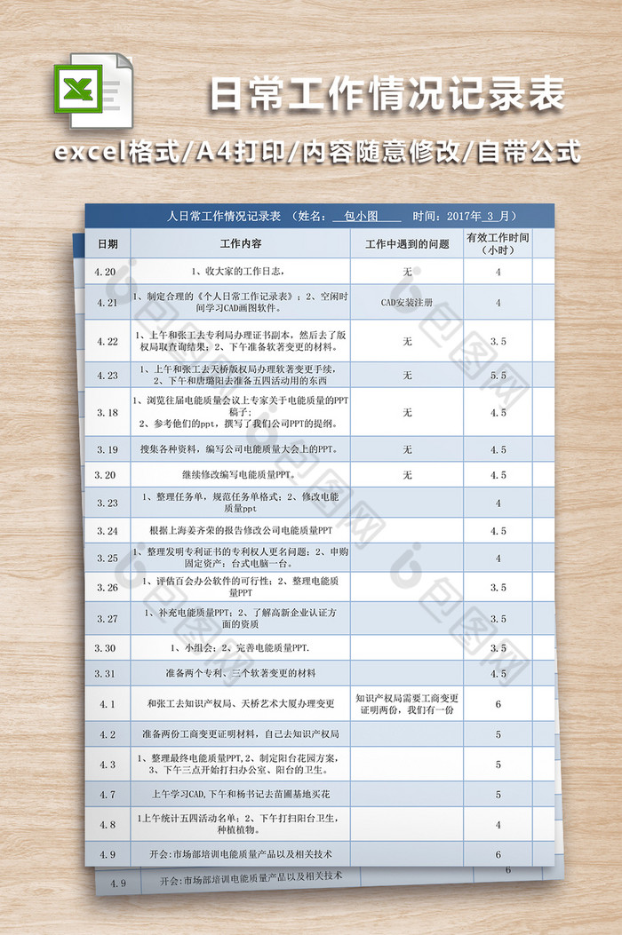 个人日常工作情况记录表excel模板图片图片