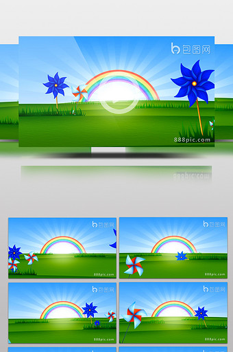卡通夏日彩虹风车草地循环背景高清视频素材图片