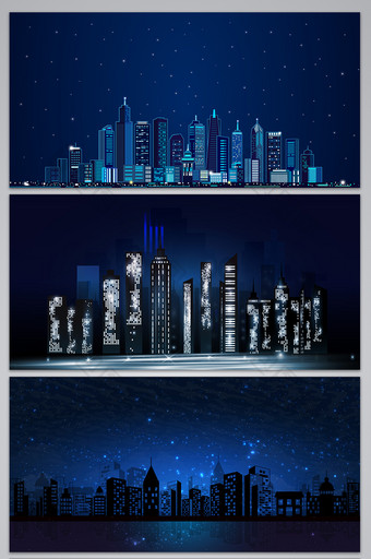 蓝色夜晚星空建筑剪影背景图片