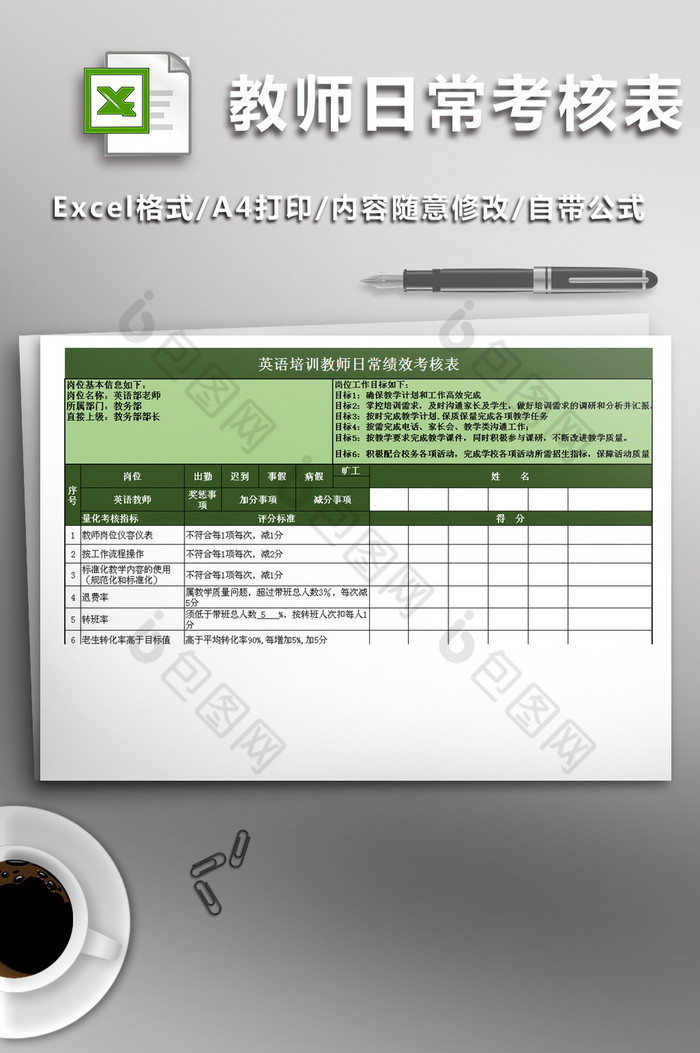 英语培训教师日常绩效考核表图片图片