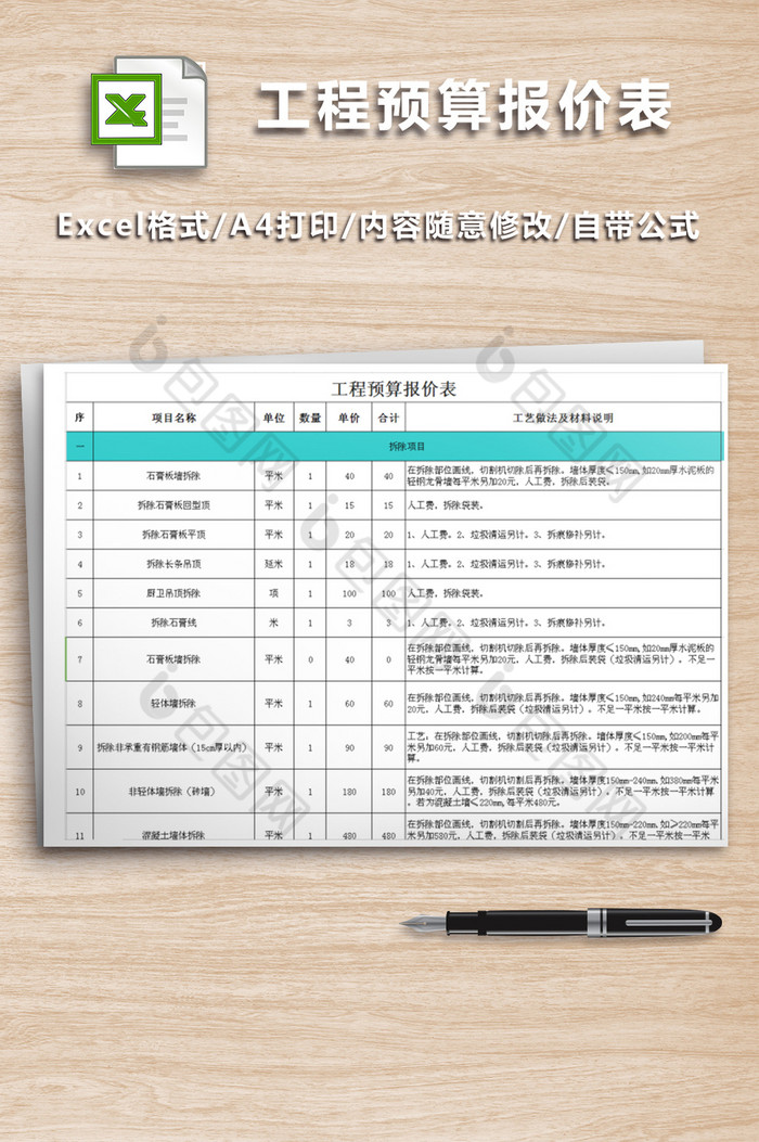 工程预算报价表很全图片图片