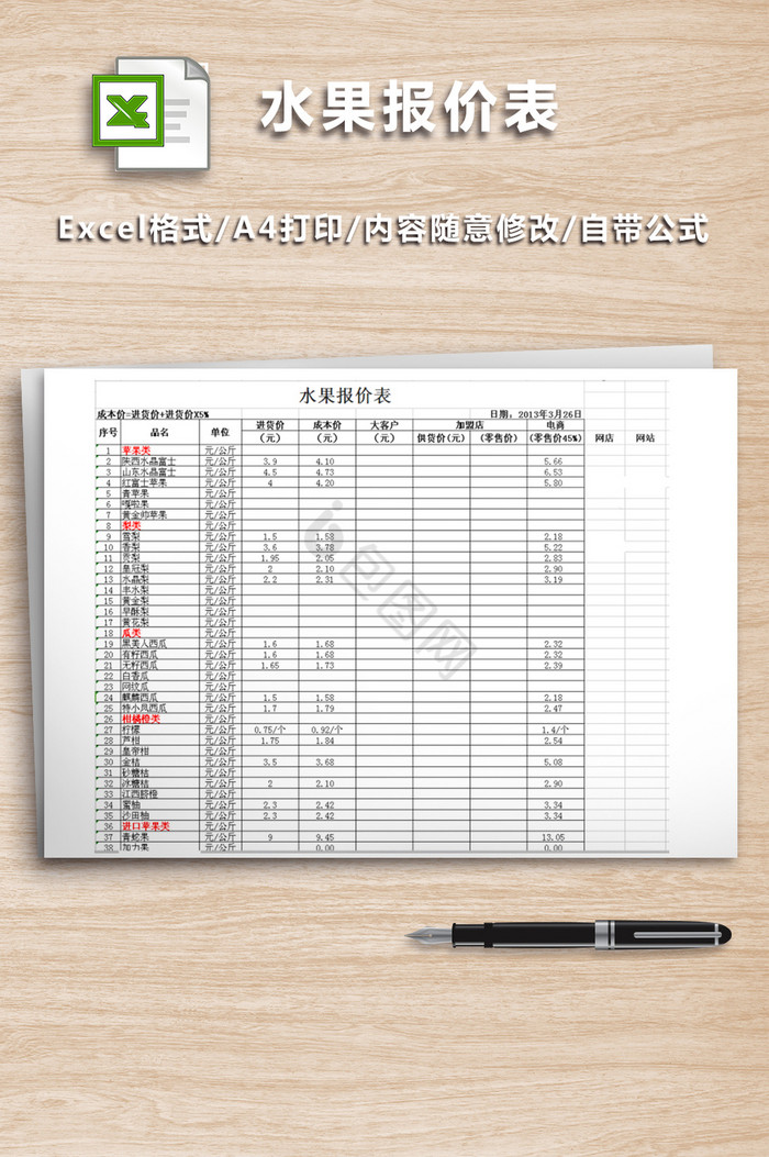 水果店常用报价表格式