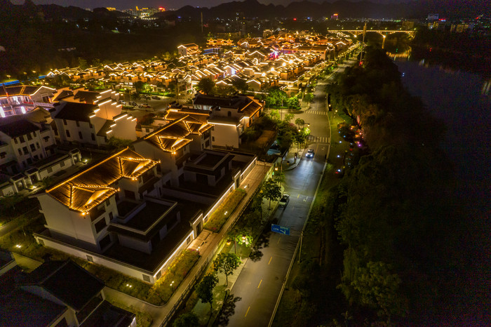 广西崇左太平府太平古城夜景灯光航拍