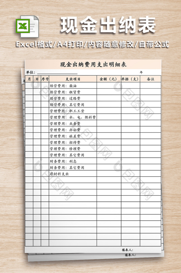 现金出纳费用支出明细表二联表【excel模板下载】-包