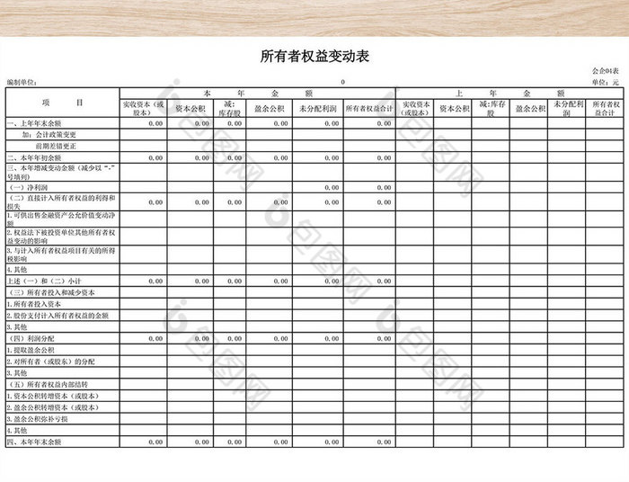 所有者权益变动表模板excel表