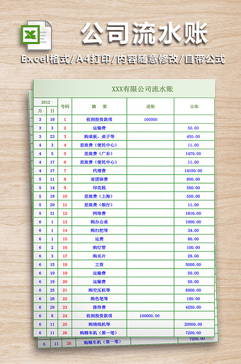 现金流水账表格模板