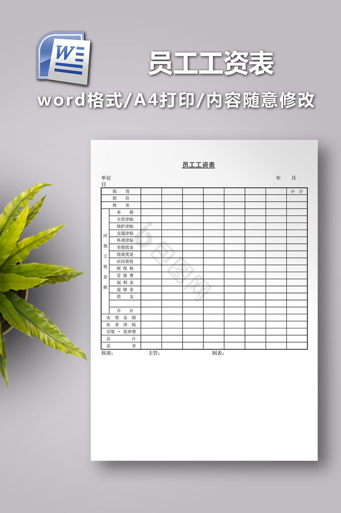 员工工资表word模板