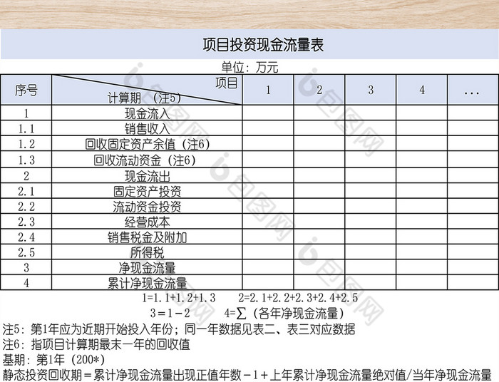 项目投资现金流量表模板