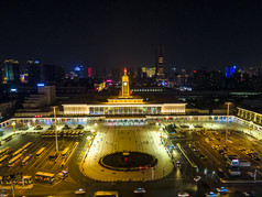 湖南长沙火车站夜景航拍