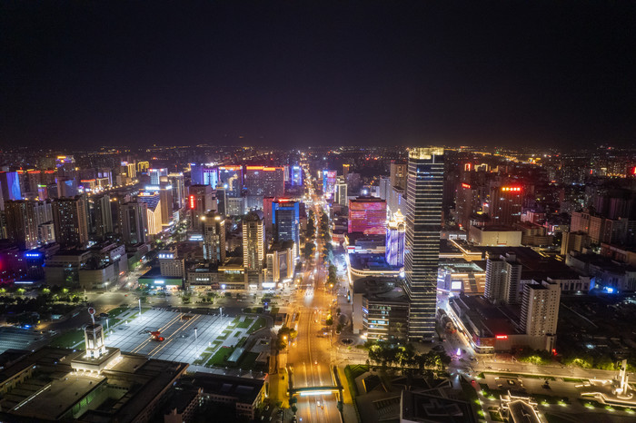 航拍河北石家庄中山西路高楼夜景