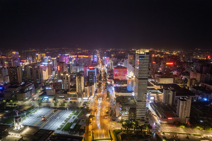 航拍河北石家庄中山西路高楼夜景