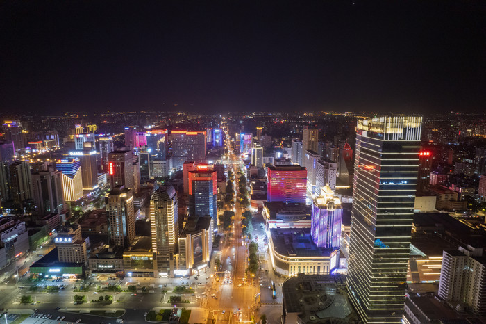 航拍河北石家庄中山西路高楼夜景