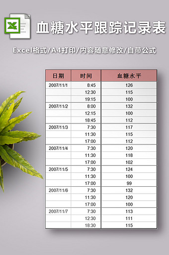 血糖水平跟踪记录表excel模板图片