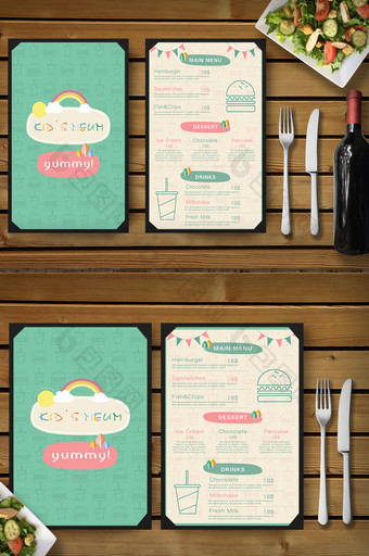 儿童卡通手绘美食汉堡饮料餐厅菜单设计模板图片
