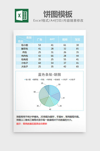 蓝色纹理填充拼接饼图excel模板图片