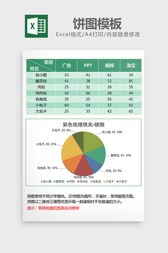 多彩纹理填充饼图excel模板图片