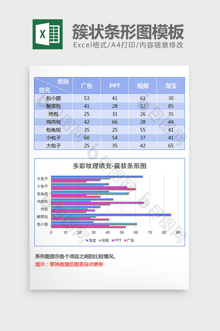 多彩立体纹理簇状条形图excel模板图片图片