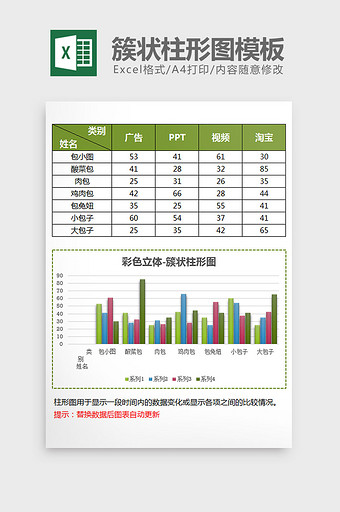 多彩立体簇状柱形图excel模板图片