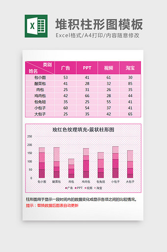 玫红色纹理填充堆积柱形图excel模板图片