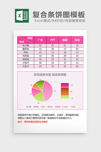 玫红色拼接复合条饼图excel模板图片