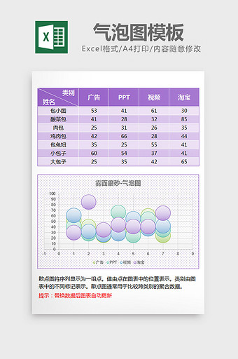 紫色雾面磨砂气泡图excel模板图片