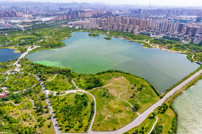 山东济南城市风光华山湖风景区航拍摄影图