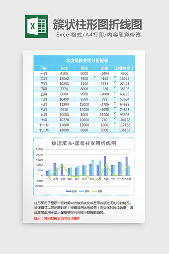 蓝色纹理簇状柱形图折线图Excel模板图片