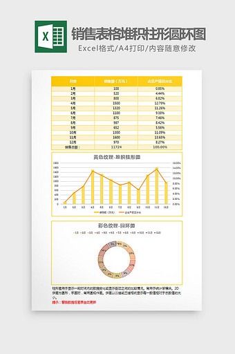 黄色销售表格堆积柱形圆环图Excel模板图片