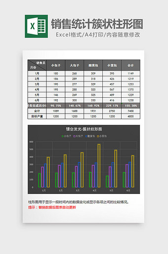 镂空发光销售统计簇状柱形图excel模板图片