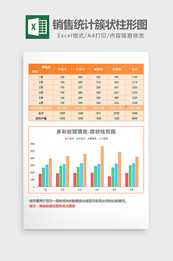 橘色纹理销售统计簇状柱形图excel模板图片
