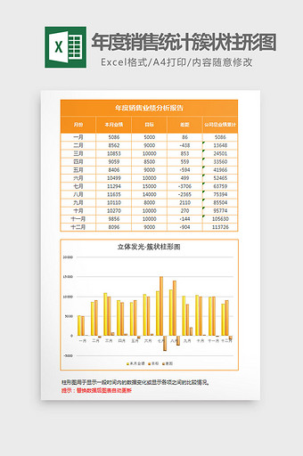 立体年度销售统计簇状柱形图excel模板图片