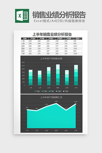 黑色上半年销售业绩分析报告Excel模板图片