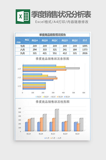 蓝色季度商品销售状况分析表Excel模板图片