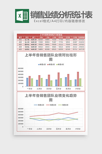 红上半年销售业绩分析统计表Excel模板图片