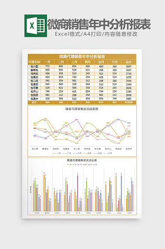 微商代理销售年中分析表Excel模板图片