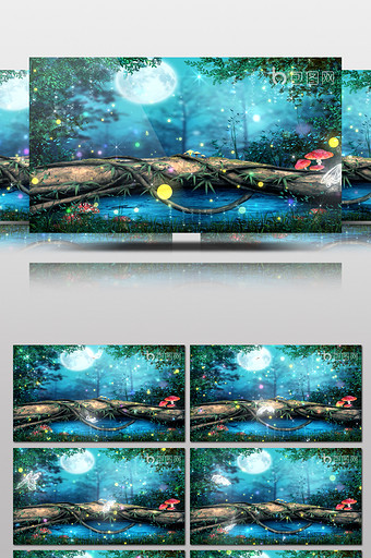 梦幻童话森林月光池塘边蝴蝶飞高清视频素材图片