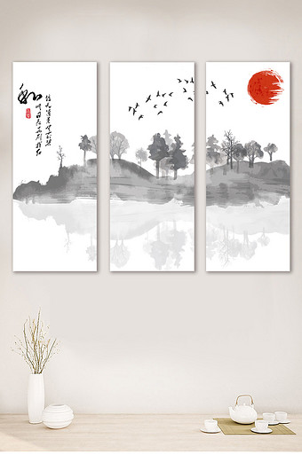 中国风山水三联无框装饰画图片