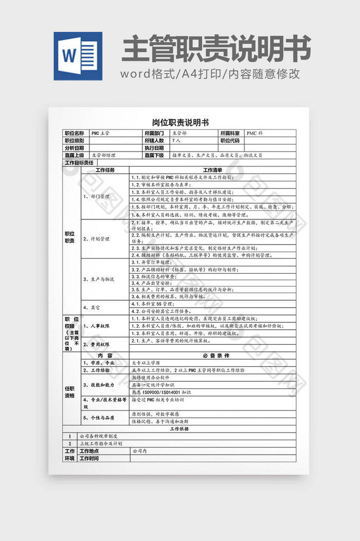 PMC科主管职责说明书word文档图片图片