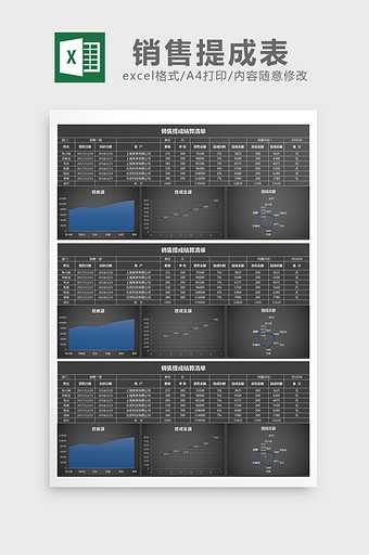 黑色大气简约销售提成表Excel图表模板图片